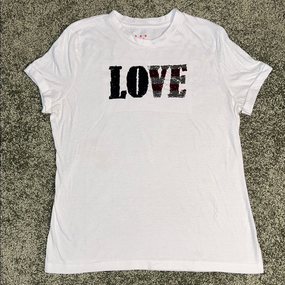 Patriotic Sequin ‘LOVE’ Graphic Tee – Red, White & Blue – Size Large